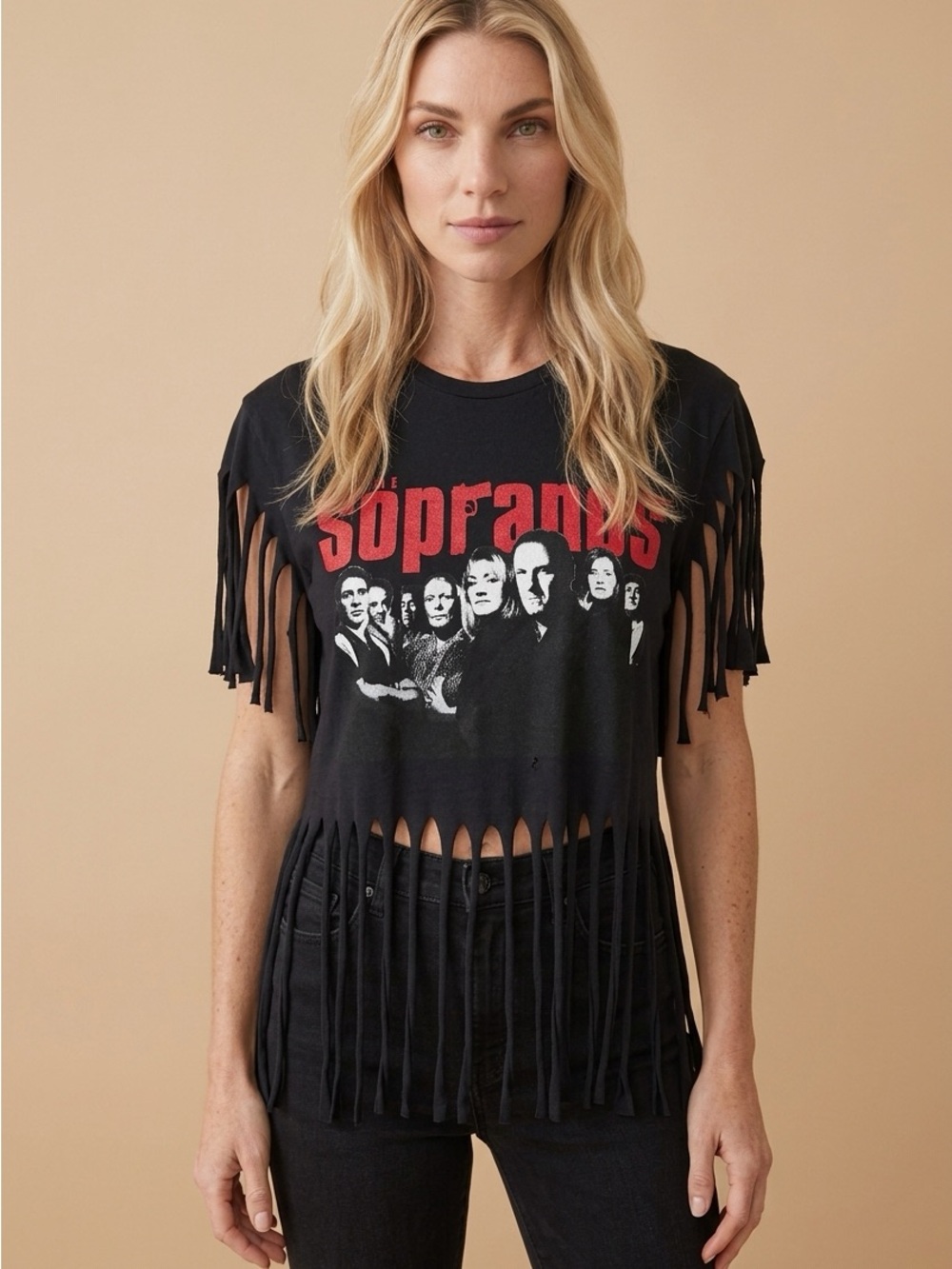 SOPRANOS Black Fringed Graphic Crop Tee with Red Logo size S